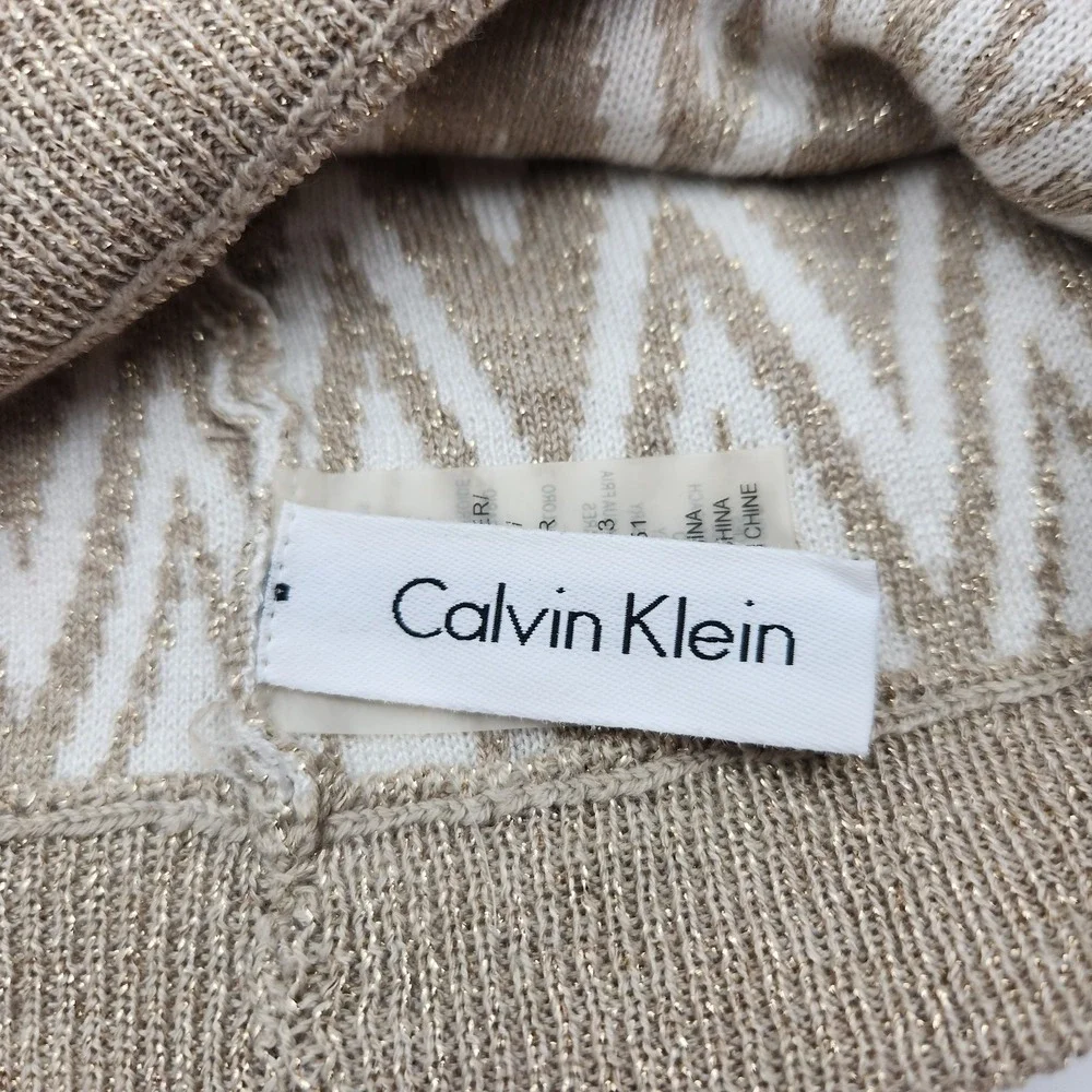 Calvin Klein Hat Cap Womens Medium Tan White Metallic Zigzag Knit Beanie Soft CK